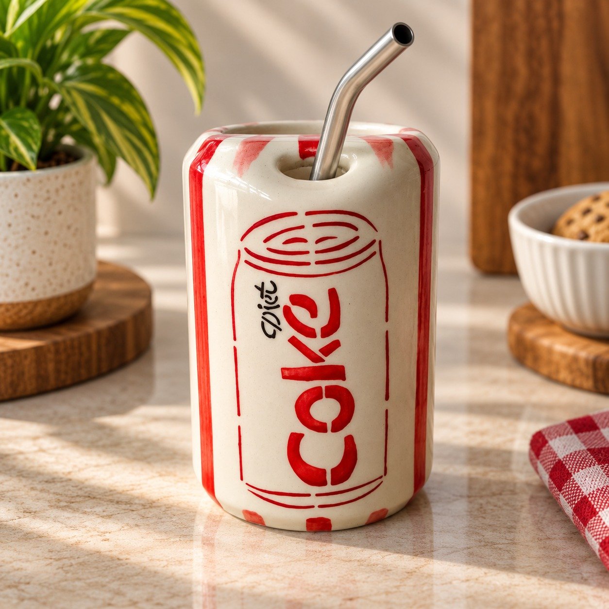 Handpainted ceramic soda-can tumbler with a steel straw