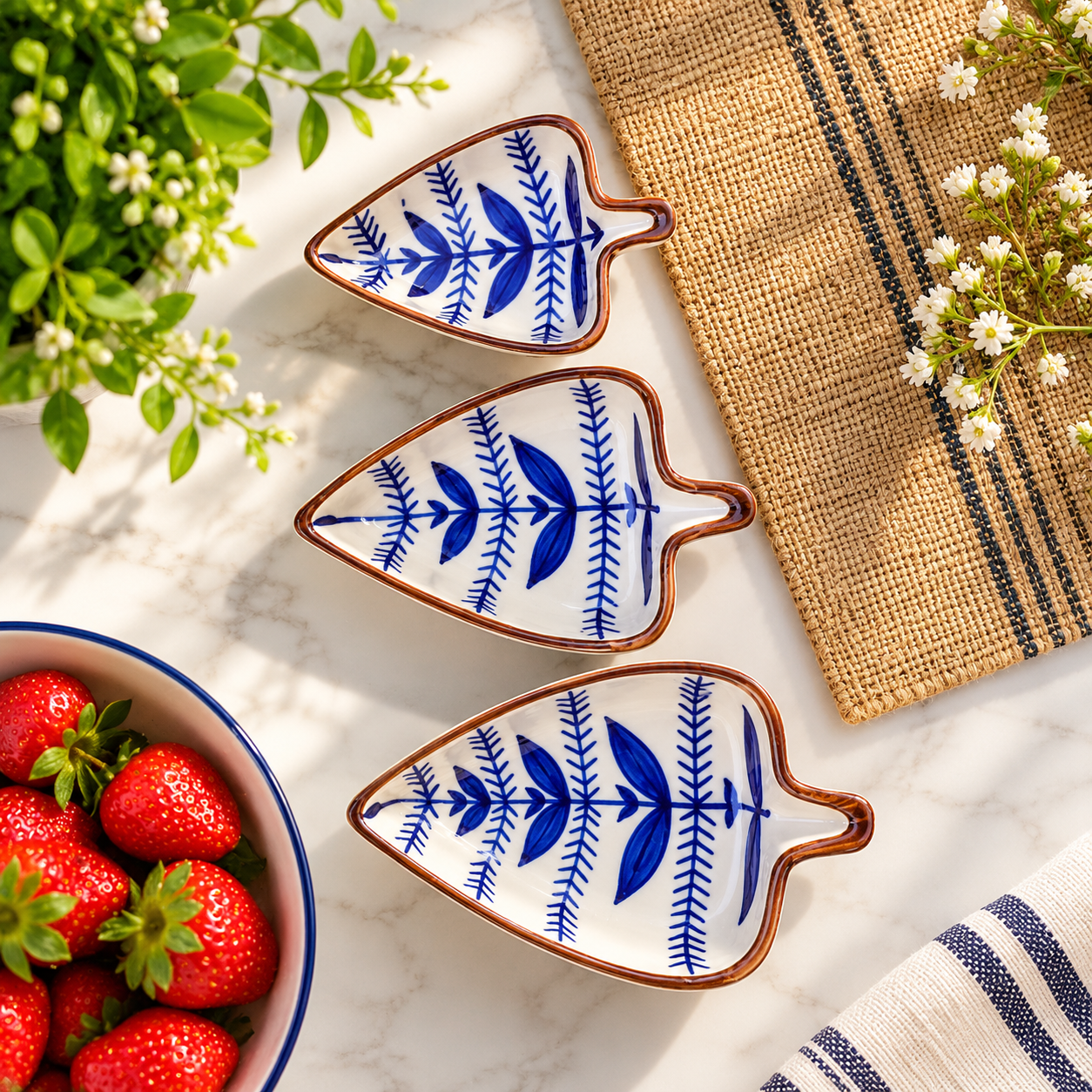 Rizasta Ceramic Leaf Shape Snack Plates Blue Botanical Set of 3 Brown Rim Accent, Serving Plates, Everyday Use, Family Gatherings, Breakfast & Snacks