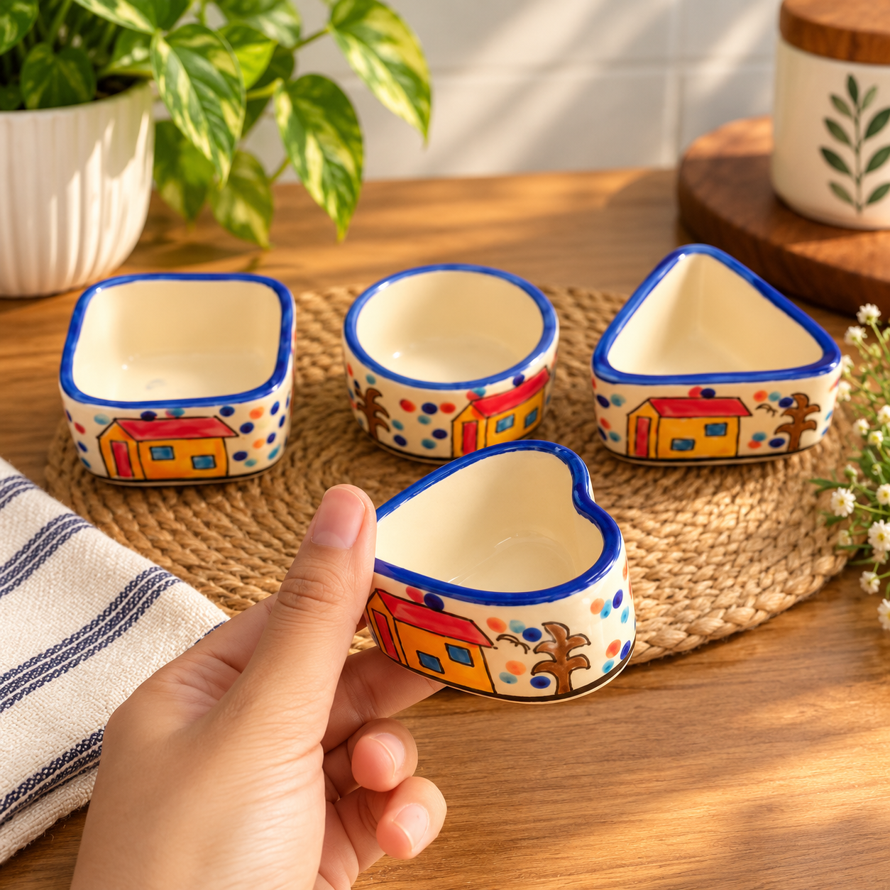 Rizasta Ceramic Chutney Bowls Hut Print Set of 4, 4 Assorted Shapes, Serving Dips & Sauces, Hand-Painted Design, Everyday Dining Use