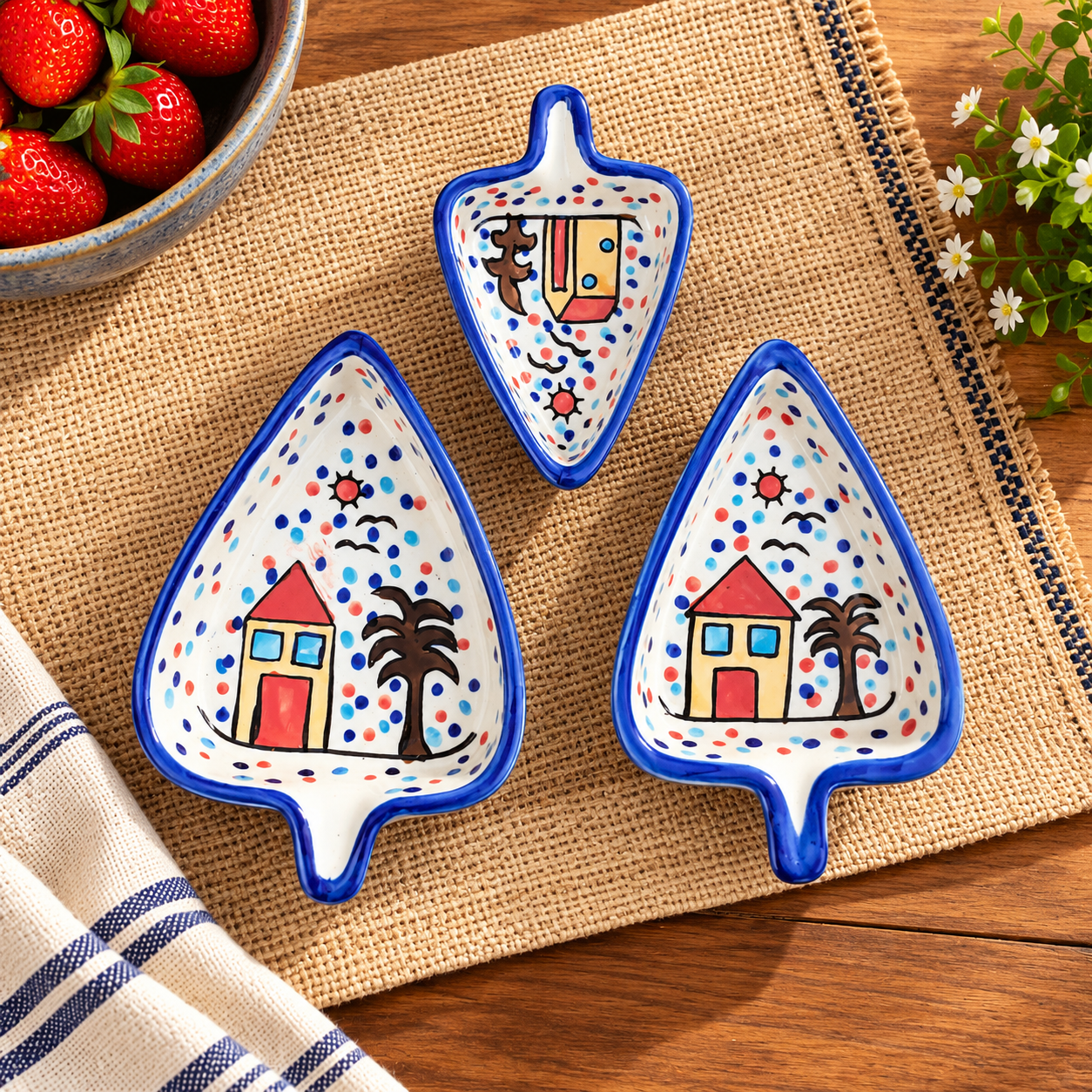Rizasta Ceramic Leaf Shaped Hut Print Serving Dishes Set of 3 Hand-Painted Artwork, Snacks & Dry Fruits, 3 Different Sizes, Dining & Kitchen Use