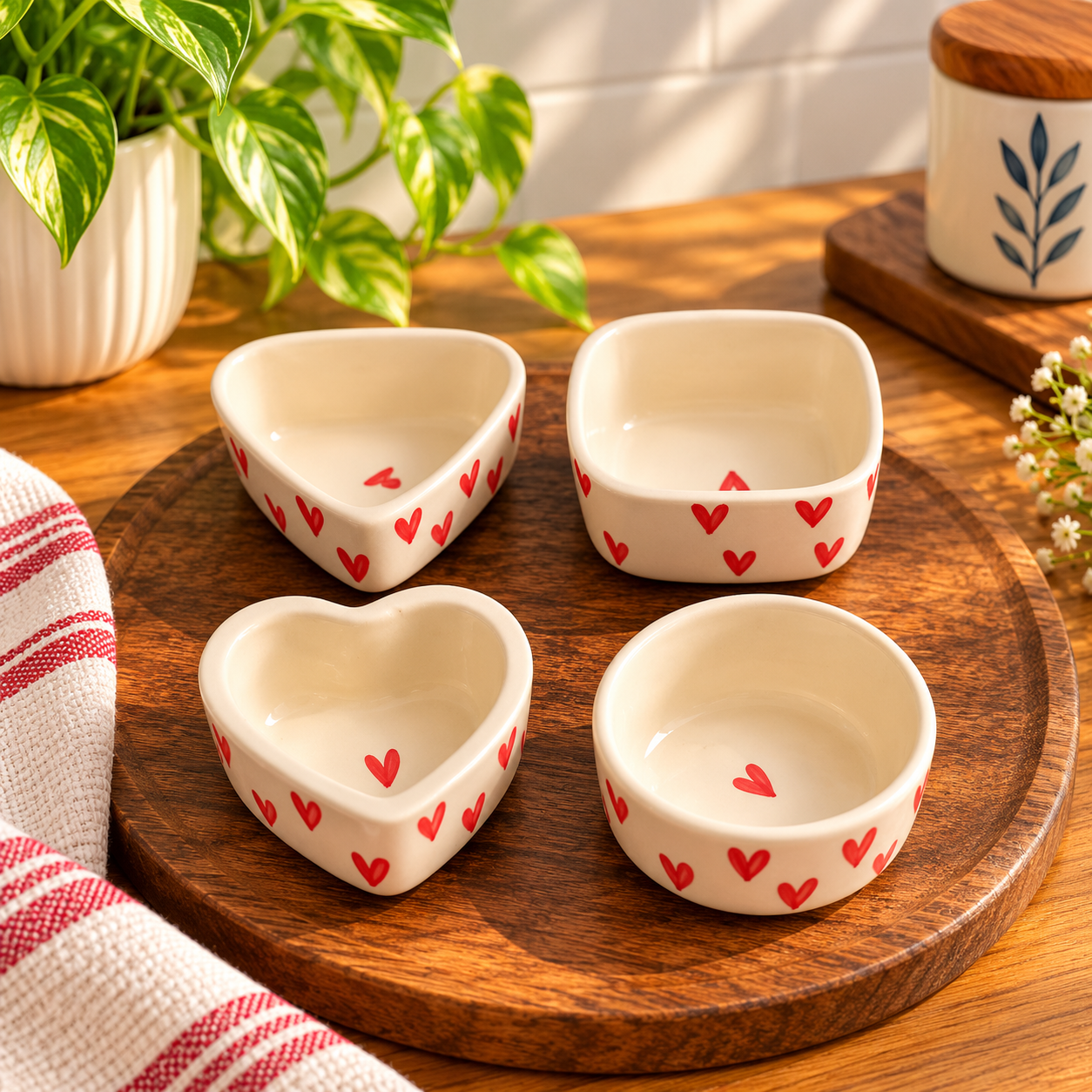 Rizasta Ceramic Heart Print Chutney Dip Bowl Set of 4 | Multi Shape Ideal for Chutney, Sauce, Ketchup