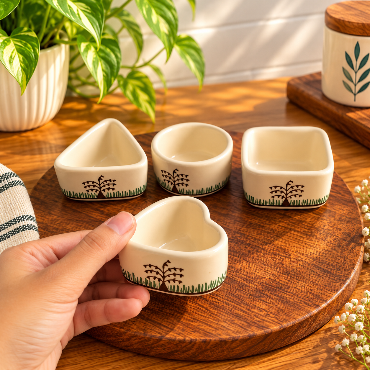 Rizasta Khajoor Print Dip Chutney Bowl Set of 4 | Ideal for Chutney, Sauce, Ketchup | Multi Shape